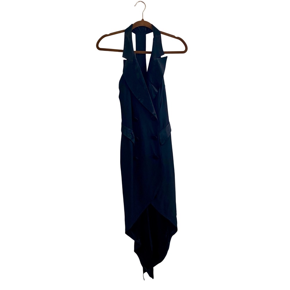 Vintage 80s Climax David Howard Tuxedo Halter Dress Black High Low Tailcoat